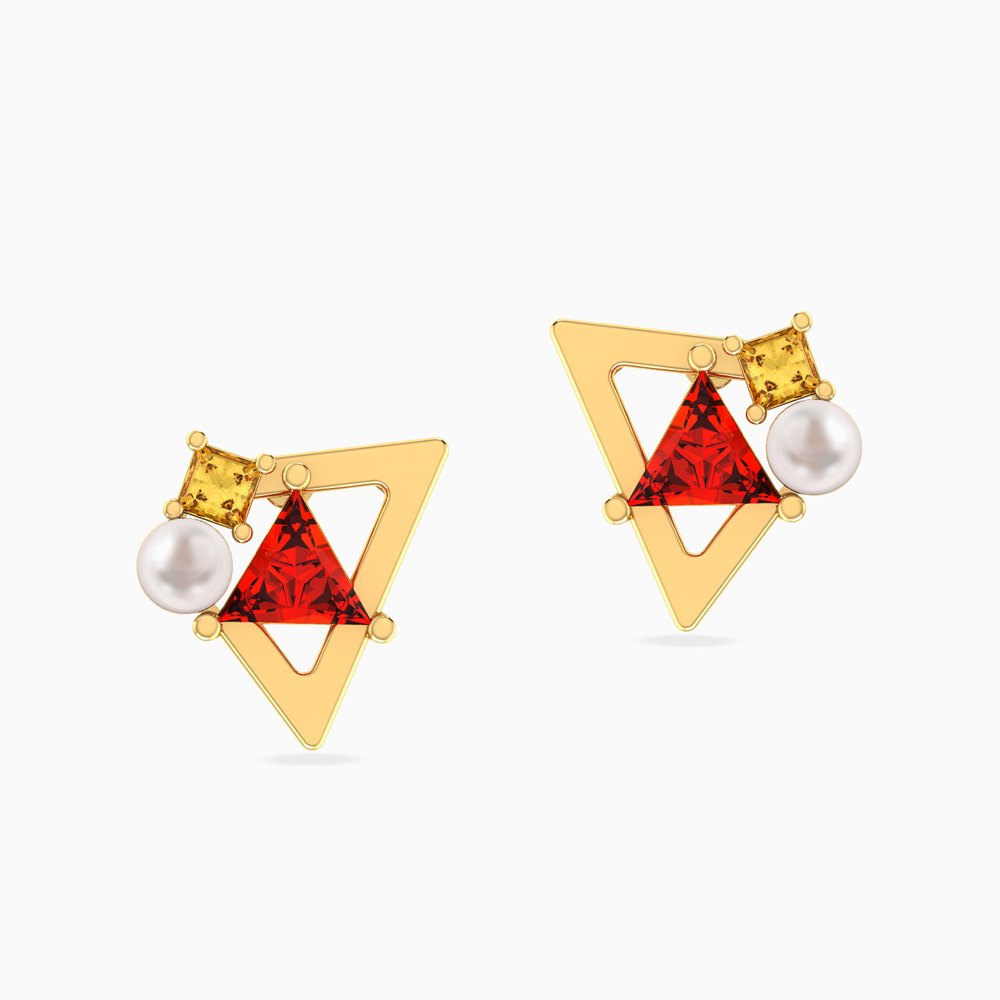 Tringular Frame Orange Stone & Pearl Earrings in 18K Gold - 3 Tringular Frame Orange Stone & Pearl Earrings in 18K Gold - 3