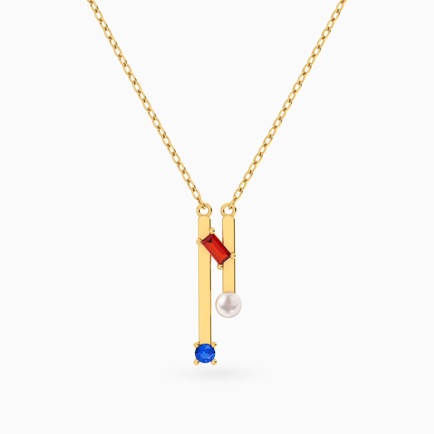 Two Vertical Bars Colored Stones & Pearl Necklace in 18K Gold Two Vertical Bars Colored Stones & Pearl Necklace in 18K Gold