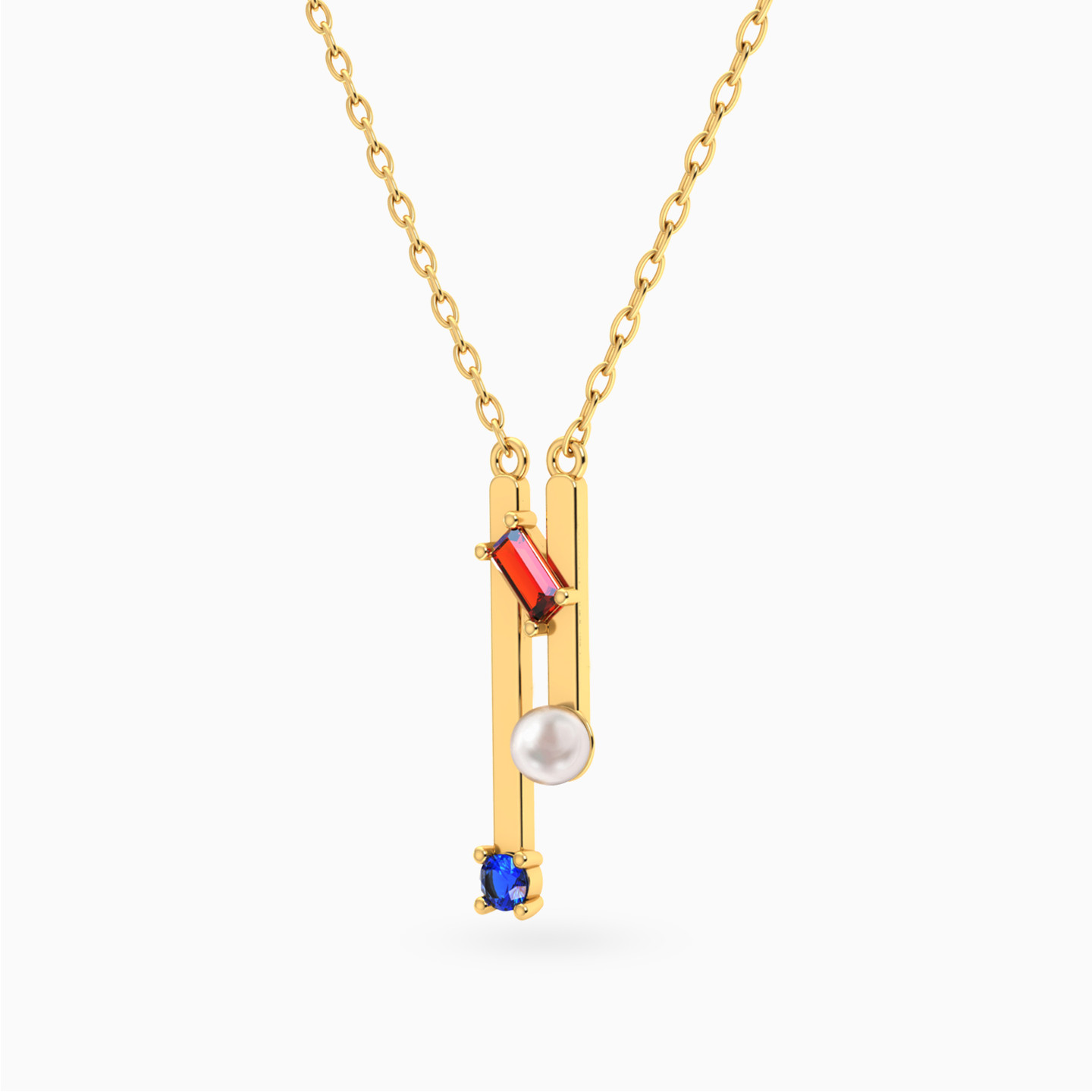 Two Vertical Bars Colored Stones & Pearl Necklace in 18K Gold - 2 Two Vertical Bars Colored Stones & Pearl Necklace in 18K Gold - 2