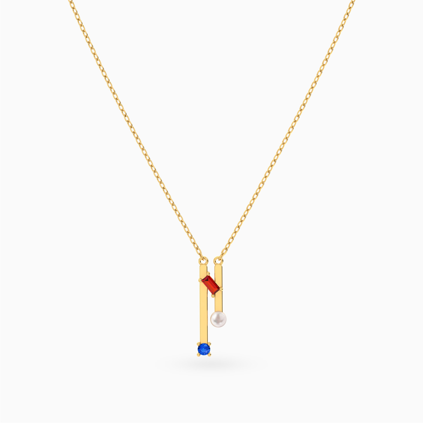 Two Vertical Bars Colored Stones & Pearl Necklace in 18K Gold - 3 Two Vertical Bars Colored Stones & Pearl Necklace in 18K Gold - 3