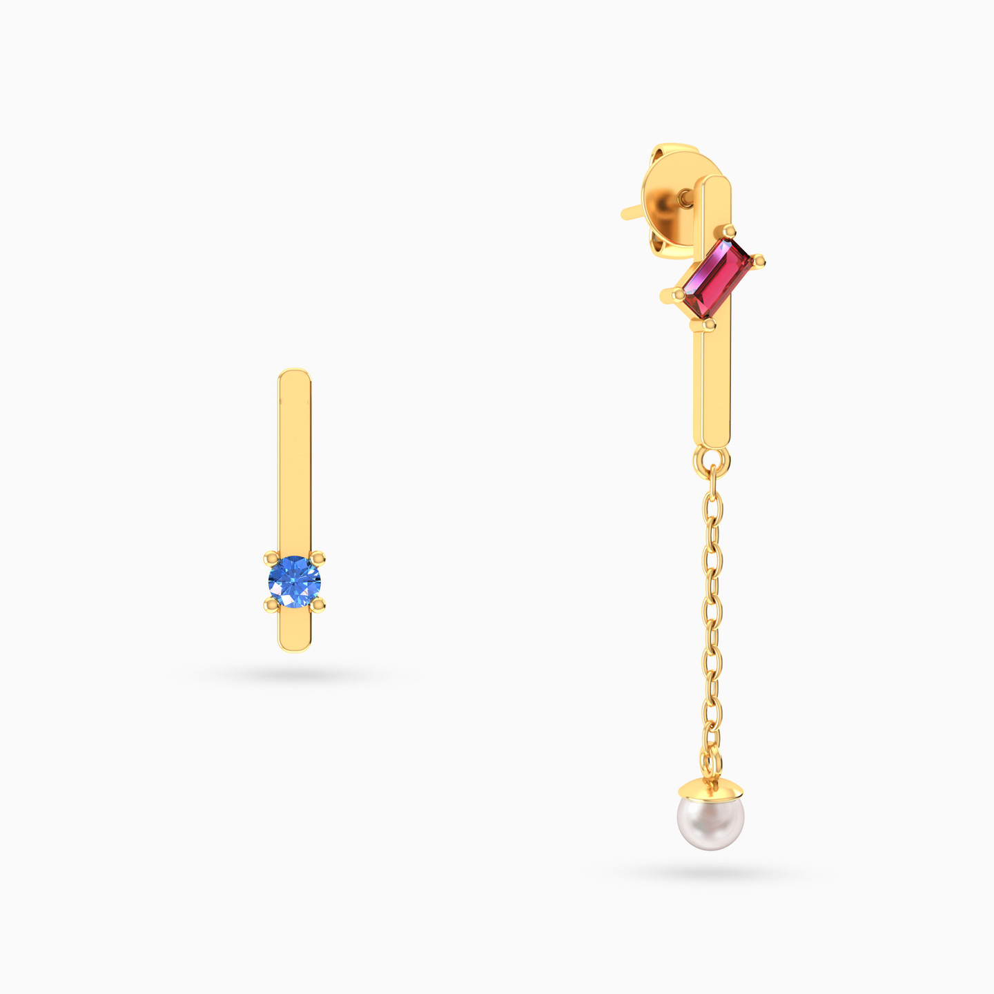 Two Vertical Bars Colored Stones & Pearl Drop Earrings in 18K Gold Two Vertical Bars Colored Stones & Pearl Drop Earrings in 18K Gold