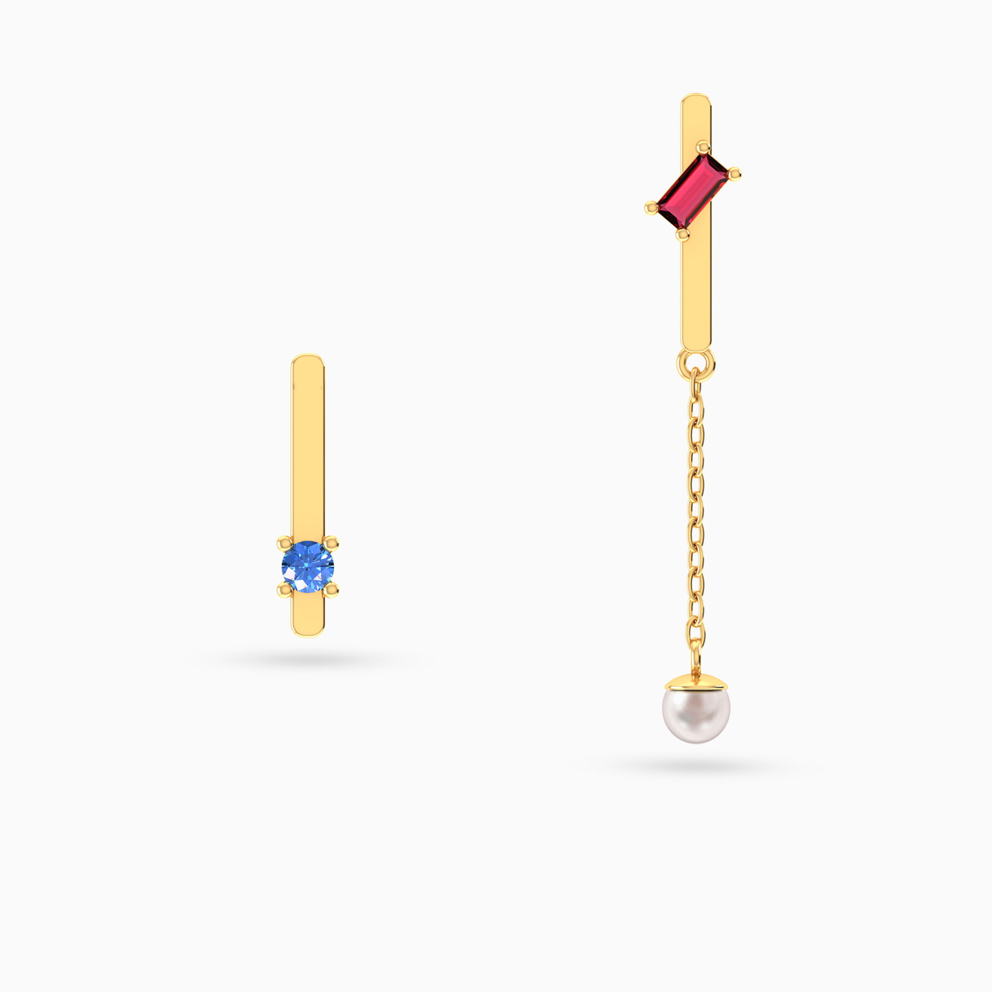 Two Vertical Bars Colored Stones & Pearl Drop Earrings in 18K Gold - 4 Two Vertical Bars Colored Stones & Pearl Drop Earrings in 18K Gold - 4