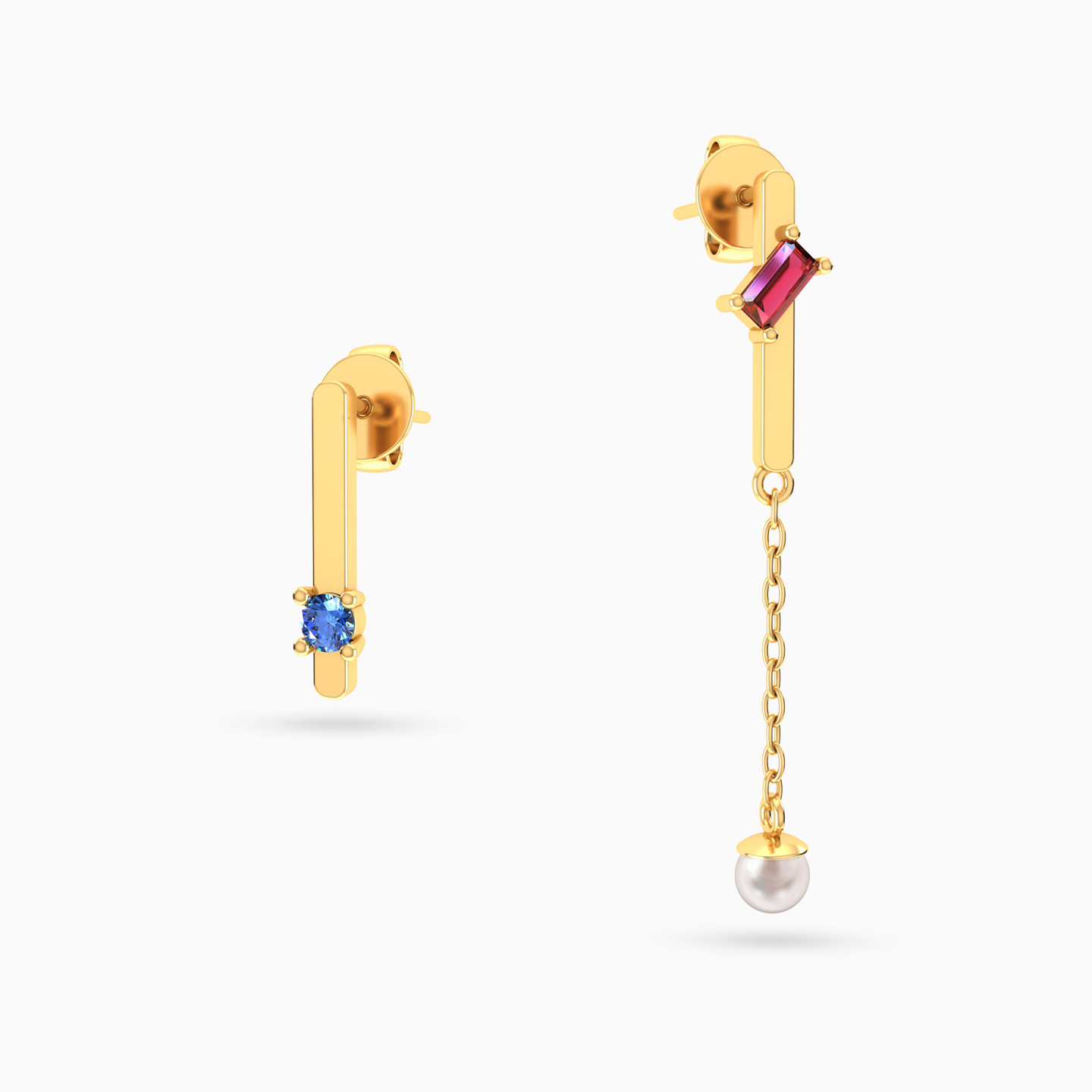 Two Vertical Bars Colored Stones & Pearl Drop Earrings in 18K Gold - 5 Two Vertical Bars Colored Stones & Pearl Drop Earrings in 18K Gold - 5