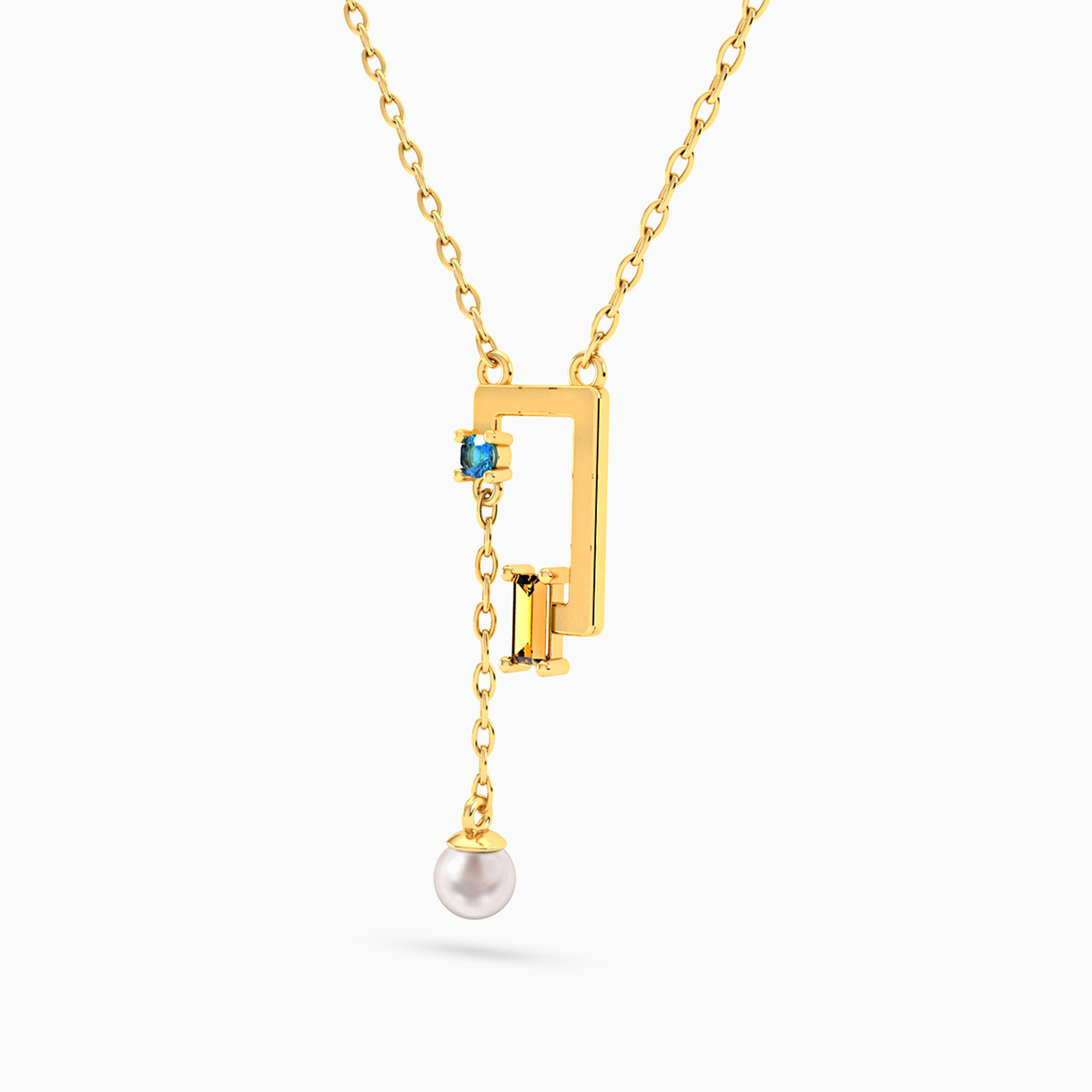 Geometric Angular Bars Colored Stones & Pearl Necklace in 18K Gold - 2 Geometric Angular Bars Colored Stones & Pearl Necklace in 18K Gold - 2