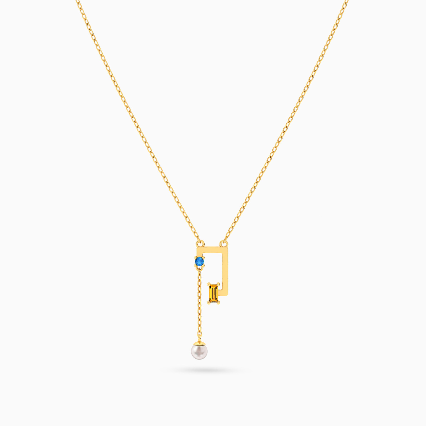 Geometric Angular Bars Colored Stones & Pearl Necklace in 18K Gold - 3 Geometric Angular Bars Colored Stones & Pearl Necklace in 18K Gold - 3