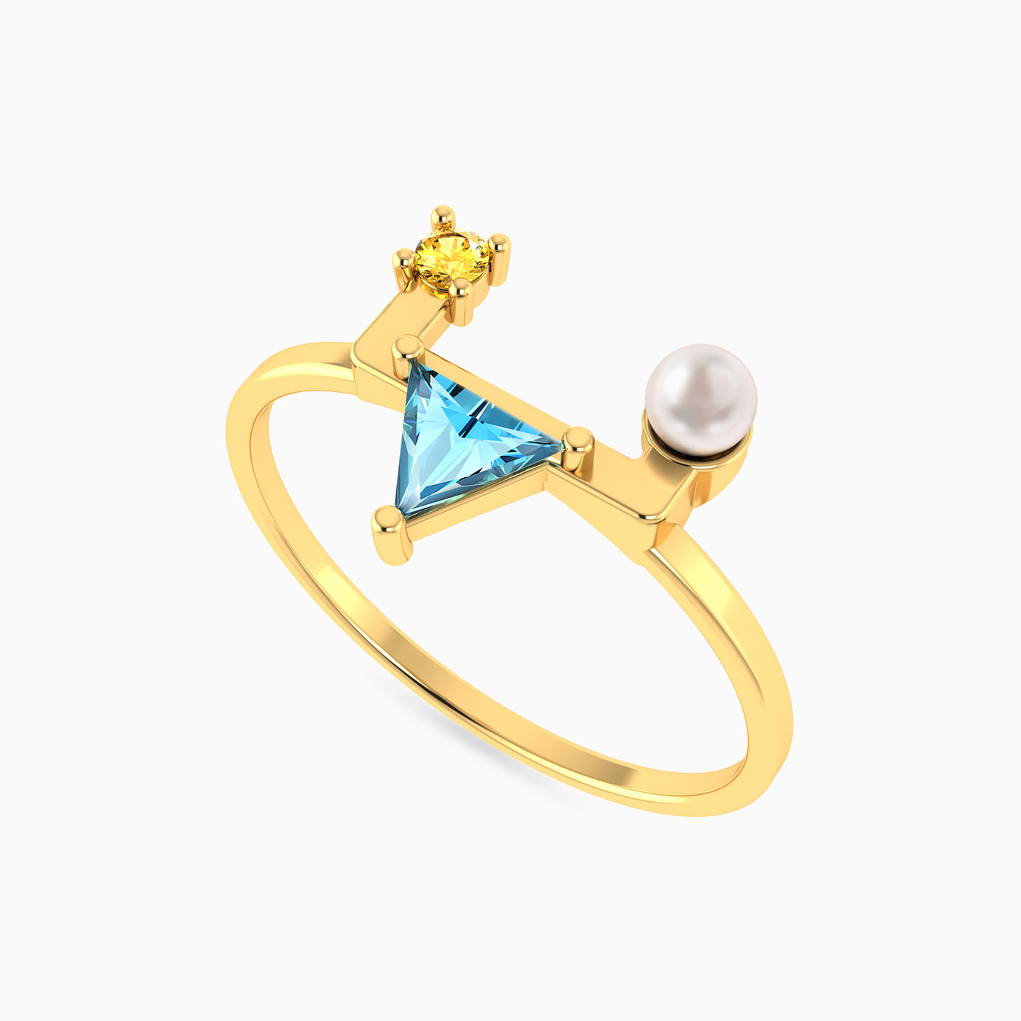 Geometric Design Colored Stones & Pearl Ring in 18K Gold - 2 Geometric Design Colored Stones & Pearl Ring in 18K Gold - 2
