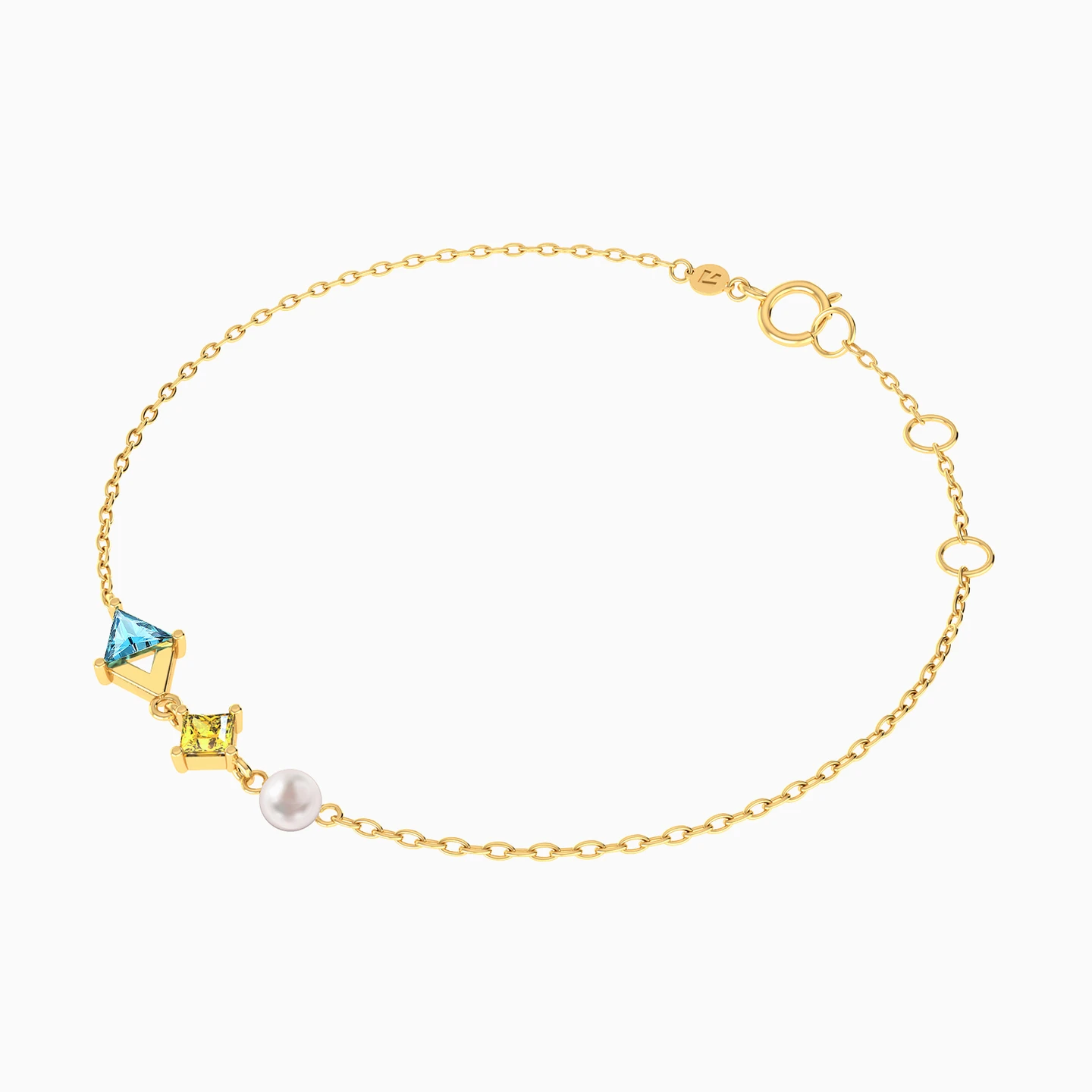 Geometric Design Colored Stones & Pearl Chain Bracelet in 18K Gold - 3 Geometric Design Colored Stones & Pearl Chain Bracelet in 18K Gold - 3