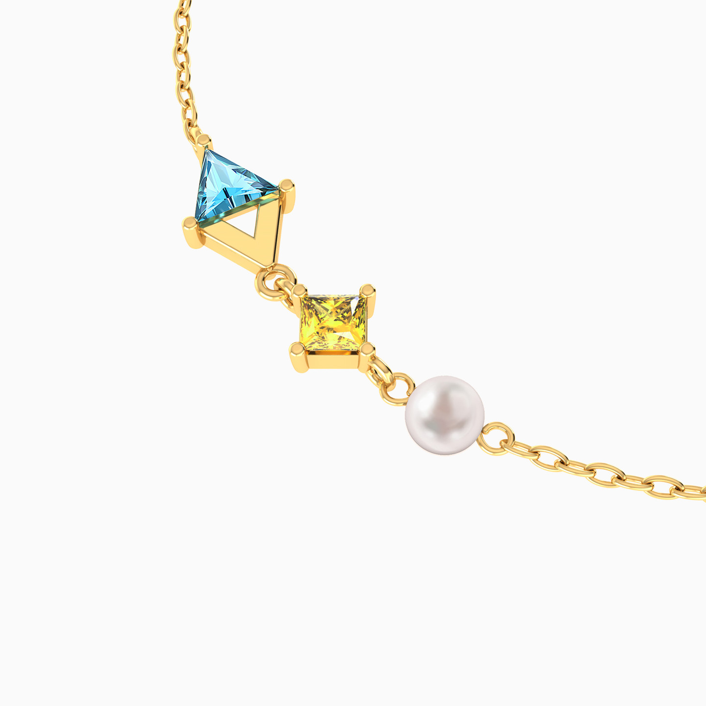 Geometric Design Colored Stones & Pearl Chain Bracelet in 18K Gold - 4 Geometric Design Colored Stones & Pearl Chain Bracelet in 18K Gold - 4