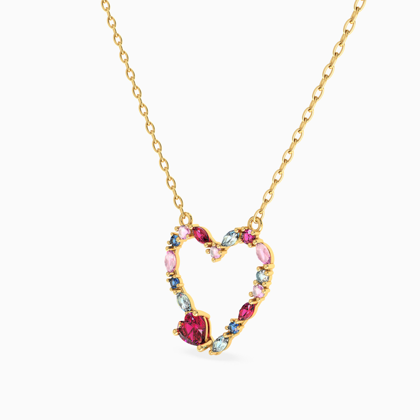 Traced Heart Colored Stones Necklace in 18K Gold - 2 Traced Heart Colored Stones Necklace in 18K Gold - 2