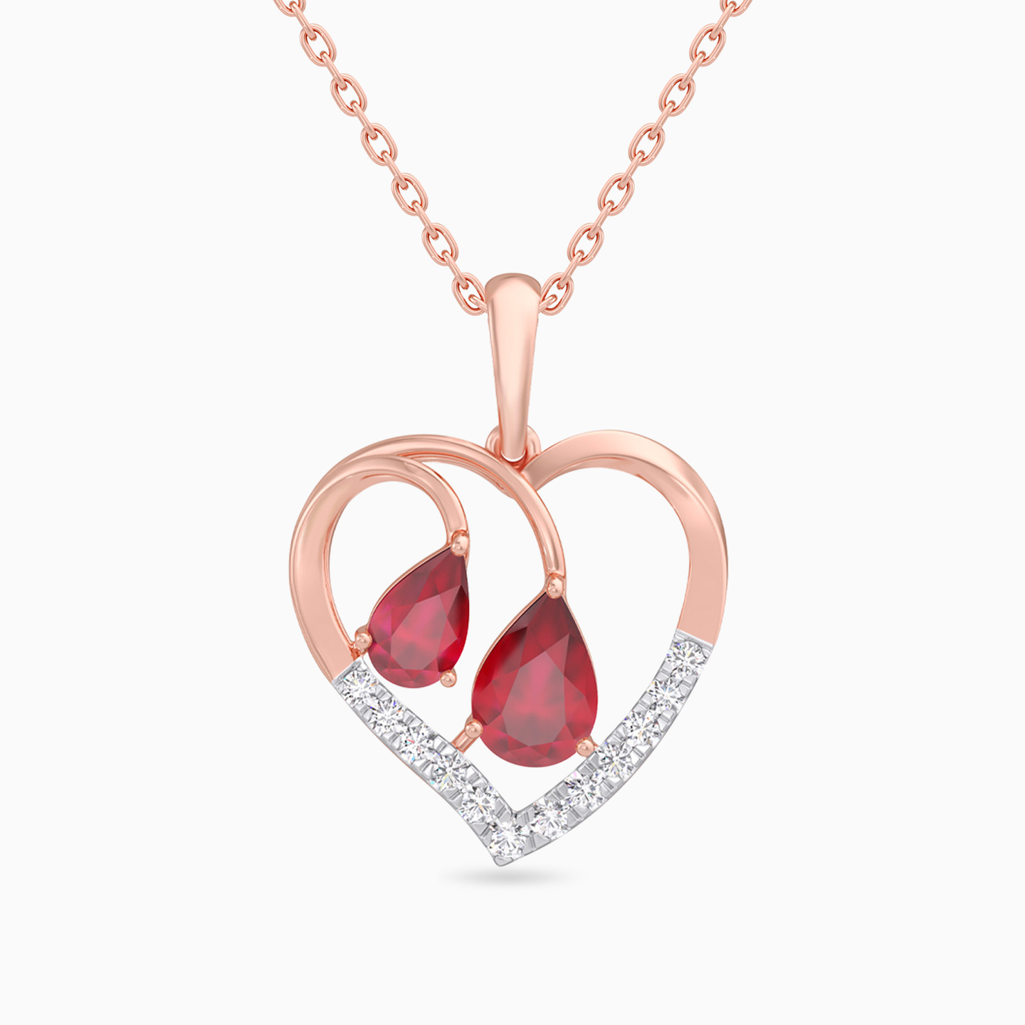 Open Heart & Teardrop Red Stones Diamond Necklace in 18K Gold Open Heart & Teardrop Red Stones Diamond Necklace in 18K Gold