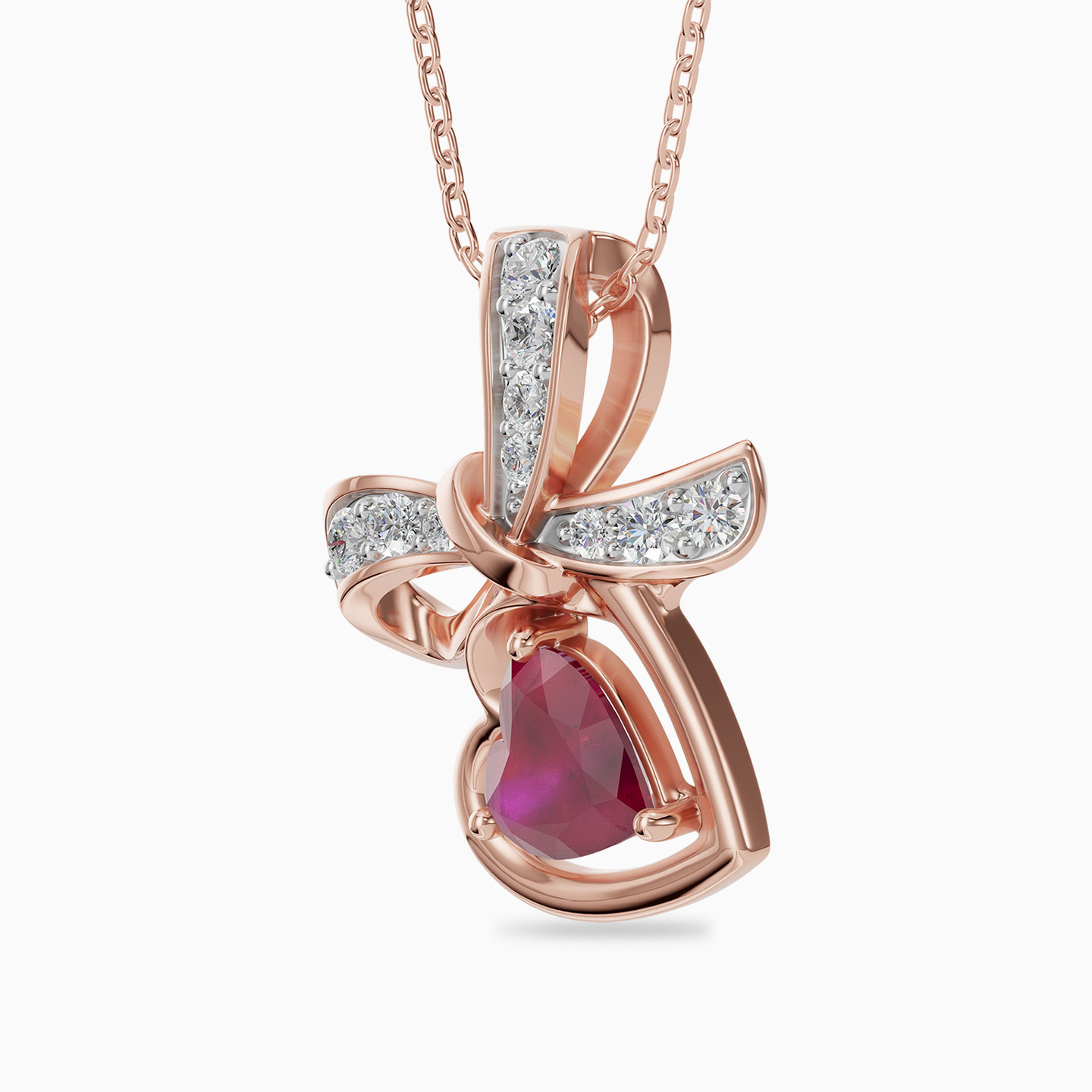 Bow & Heart Red Stone Diamond Necklace in 18K Gold - 2 Bow & Heart Red Stone Diamond Necklace in 18K Gold - 2