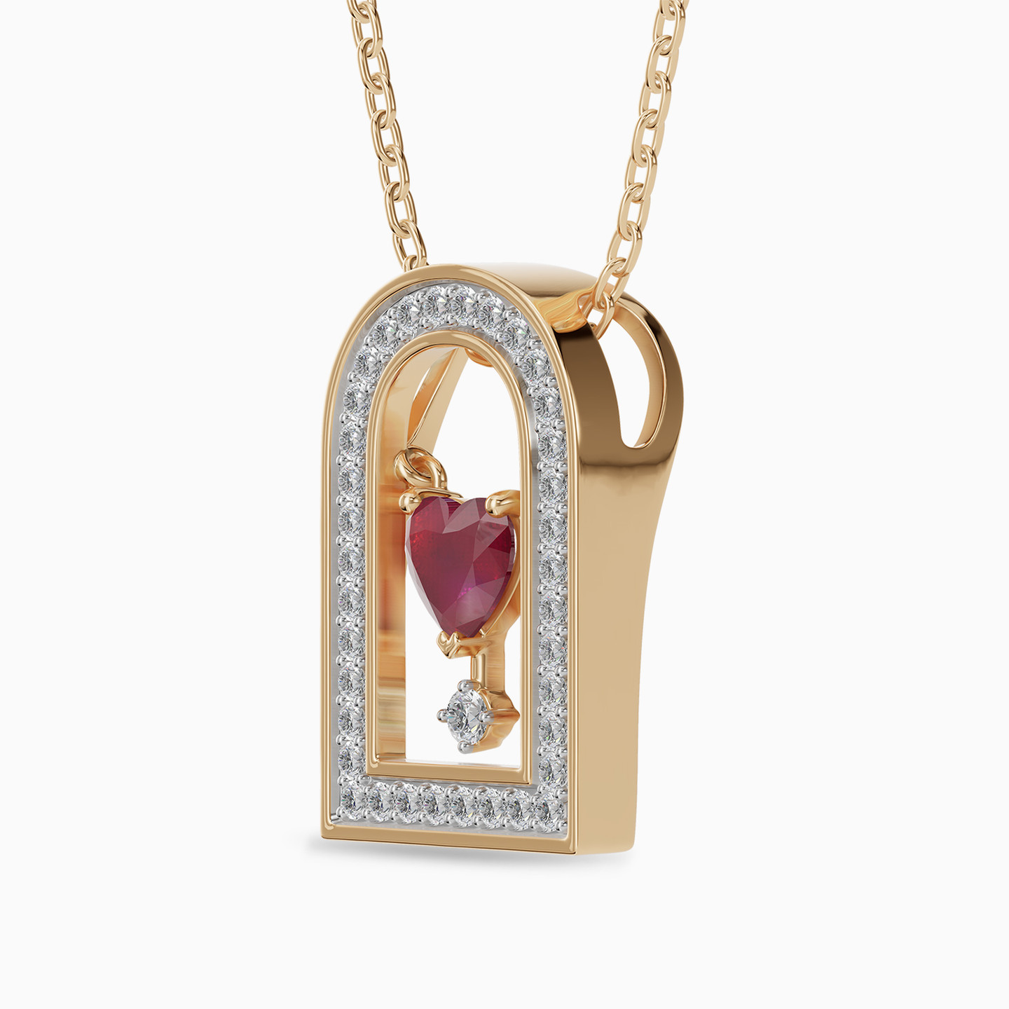 Arched Frame & Heart Red Stone Diamond Necklace in 18K Gold - 2 Arched Frame & Heart Red Stone Diamond Necklace in 18K Gold - 2