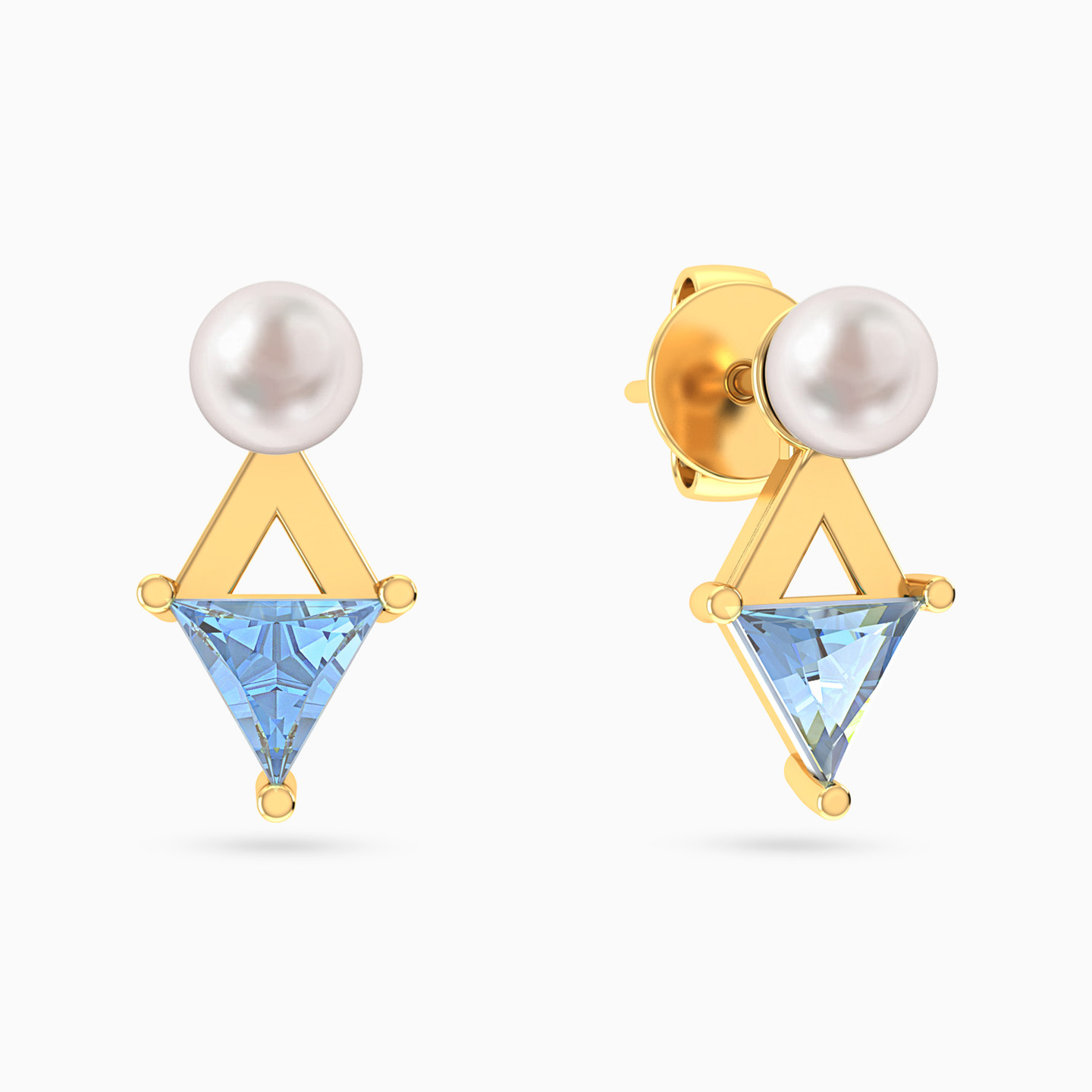 Triangular Aqua Blue Stone & Pearl Stud Earrings in 18K Gold Triangular Aqua Blue Stone & Pearl Stud Earrings in 18K Gold