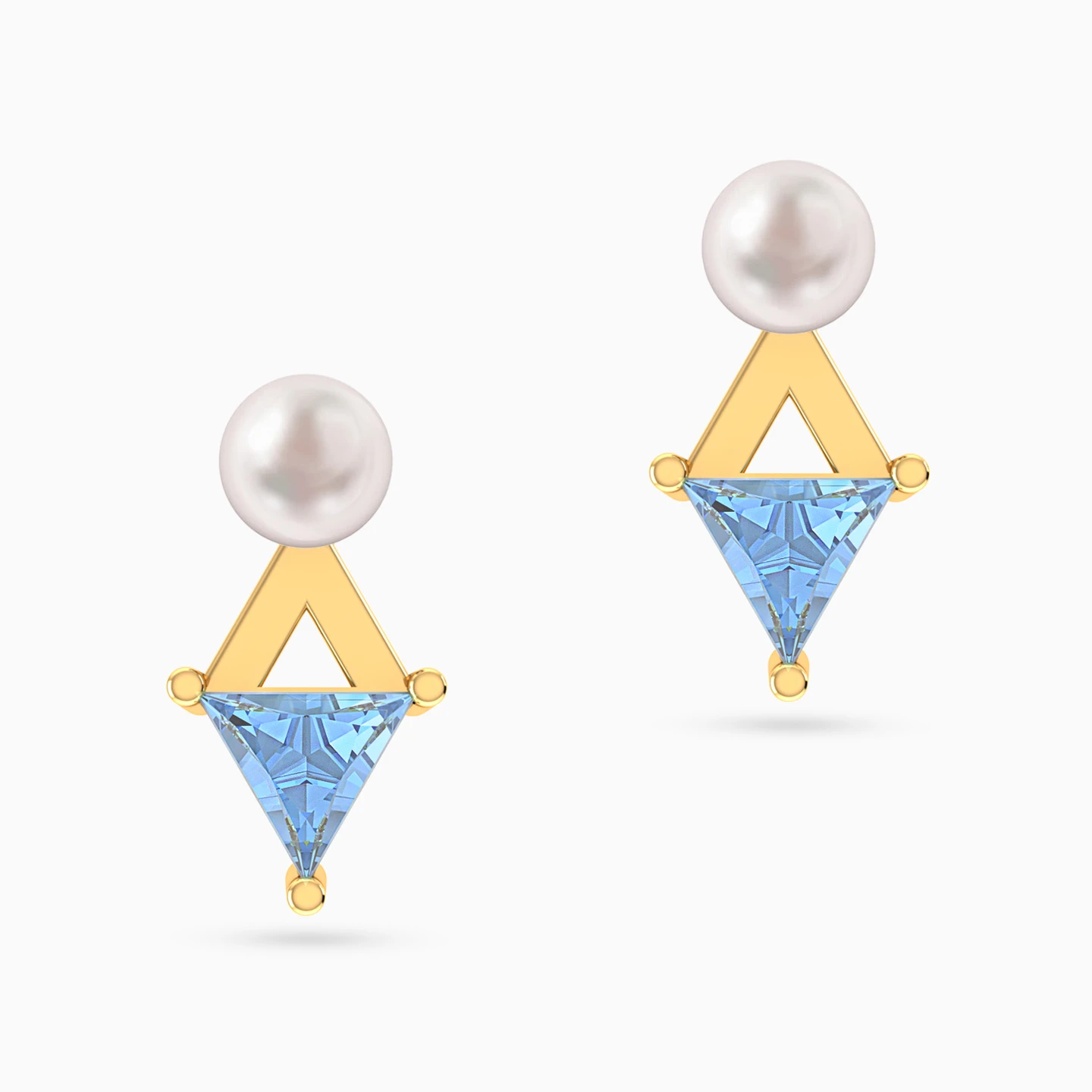 Triangular Aqua Blue Stone & Pearl Stud Earrings in 18K Gold - 3 Triangular Aqua Blue Stone & Pearl Stud Earrings in 18K Gold - 3