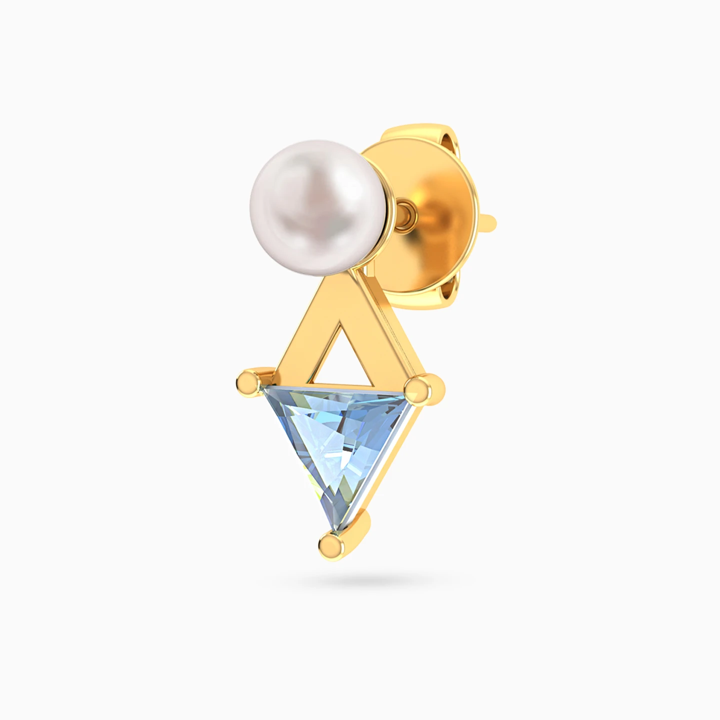 Triangular Aqua Blue Stone & Pearl Stud Earrings in 18K Gold - 4 Triangular Aqua Blue Stone & Pearl Stud Earrings in 18K Gold - 4