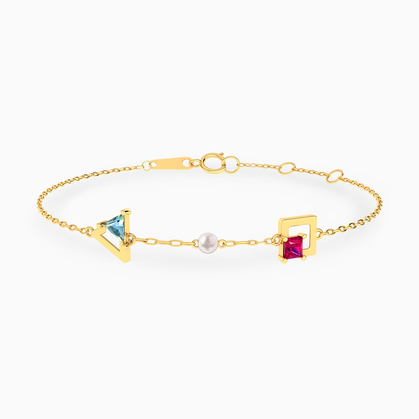 Geometric Colored Stones & Pearl Chain Bracelet in 18K Gold Geometric Colored Stones & Pearl Chain Bracelet in 18K Gold