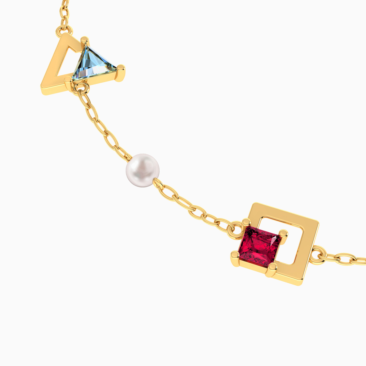 Geometric Colored Stones & Pearl Chain Bracelet in 18K Gold - 4 Geometric Colored Stones & Pearl Chain Bracelet in 18K Gold - 4