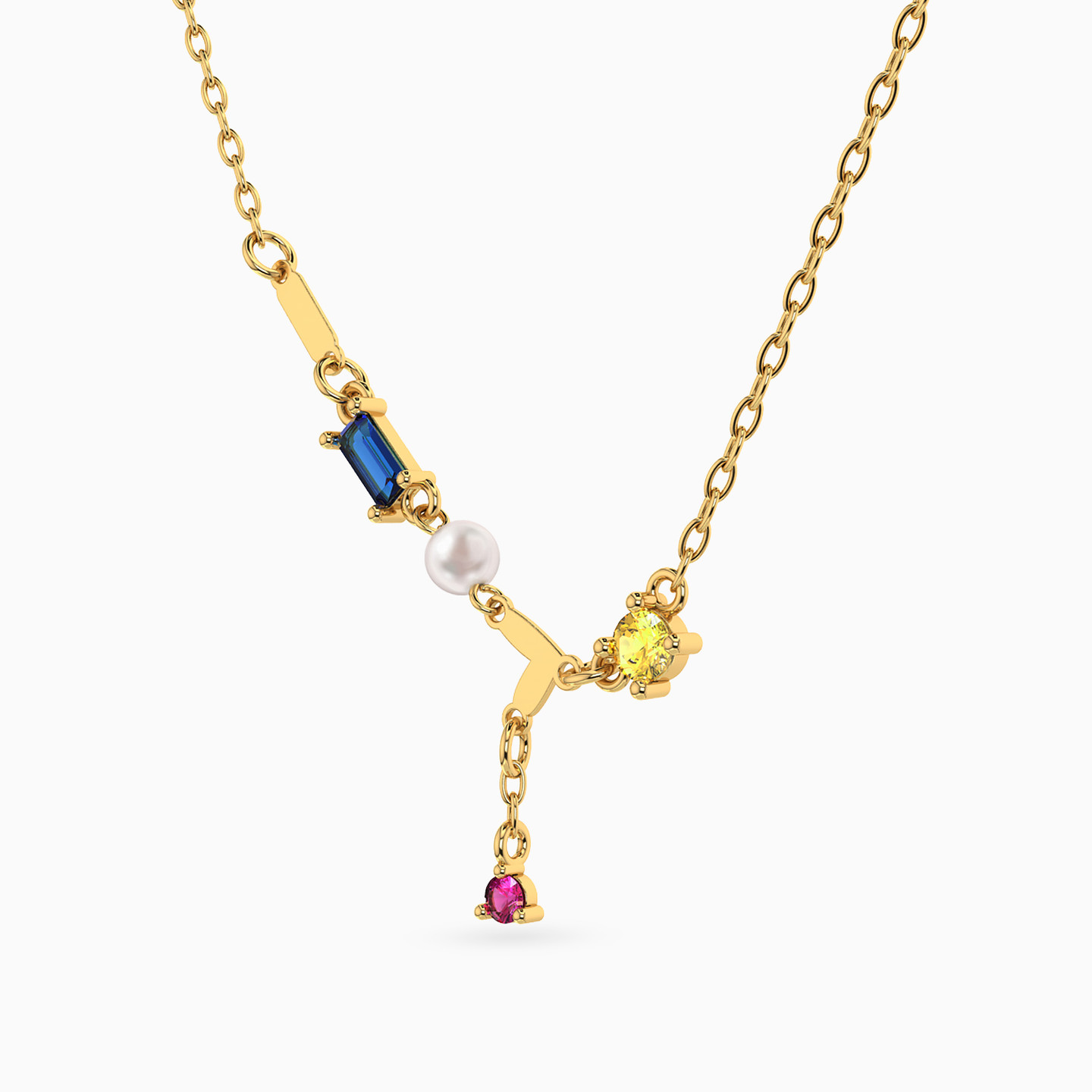 Horizontal Bar Drop Colored Stones & Pearl Necklace in 18K Gold - 2 Horizontal Bar Drop Colored Stones & Pearl Necklace in 18K Gold - 2