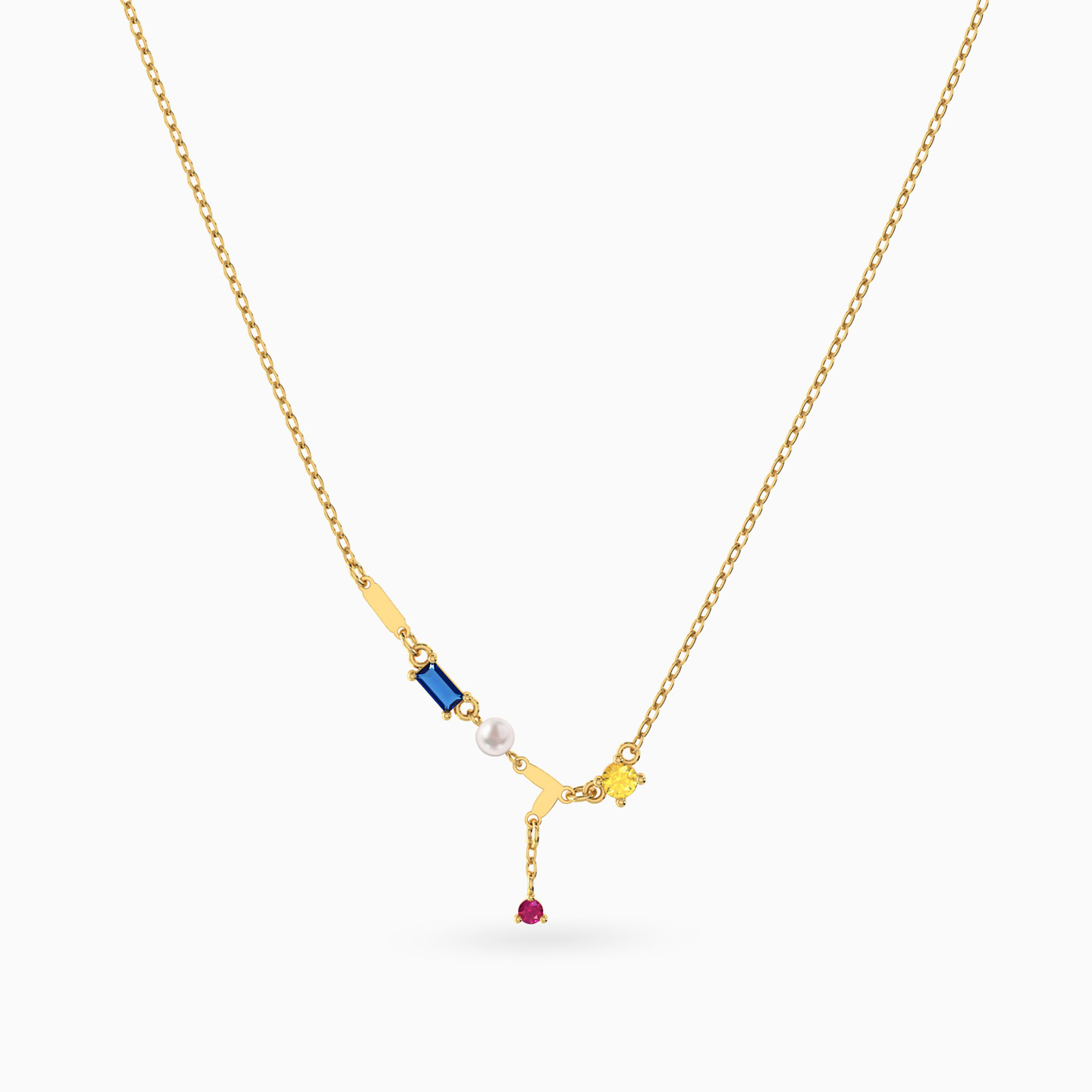 Horizontal Bar Drop Colored Stones & Pearl Necklace in 18K Gold - 3 Horizontal Bar Drop Colored Stones & Pearl Necklace in 18K Gold - 3
