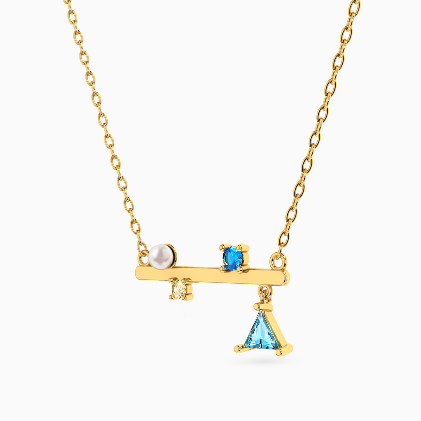 Horizontal Bar Colored Stones & Pearl Necklace in 18K Gold - 2 Horizontal Bar Colored Stones & Pearl Necklace in 18K Gold - 2