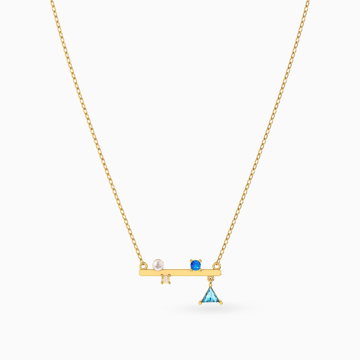 Horizontal Bar Colored Stones & Pearl Necklace in 18K Gold - 3 Horizontal Bar Colored Stones & Pearl Necklace in 18K Gold - 3