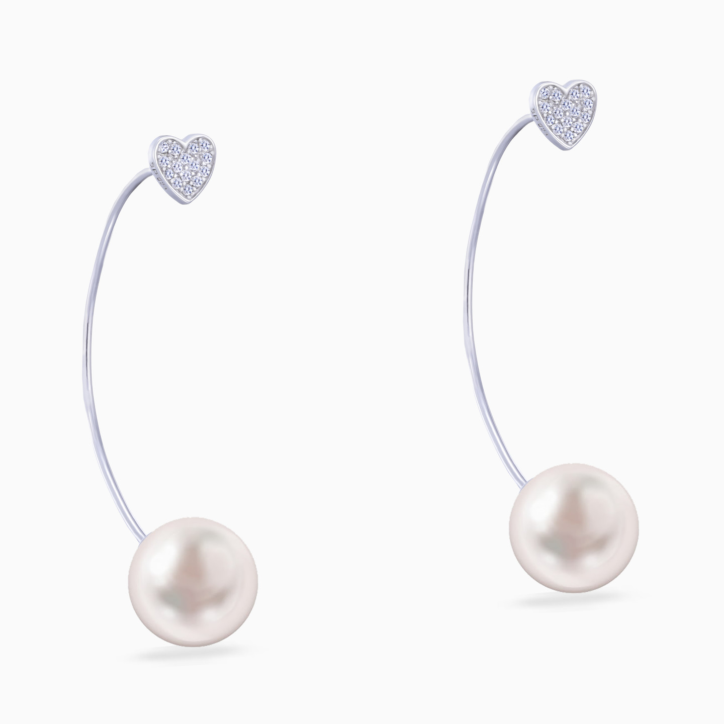 Heart Cubic Zirconia & Pearl Drop Earrings in Sterling Silver - 2 Heart Cubic Zirconia & Pearl Drop Earrings in Sterling Silver - 2