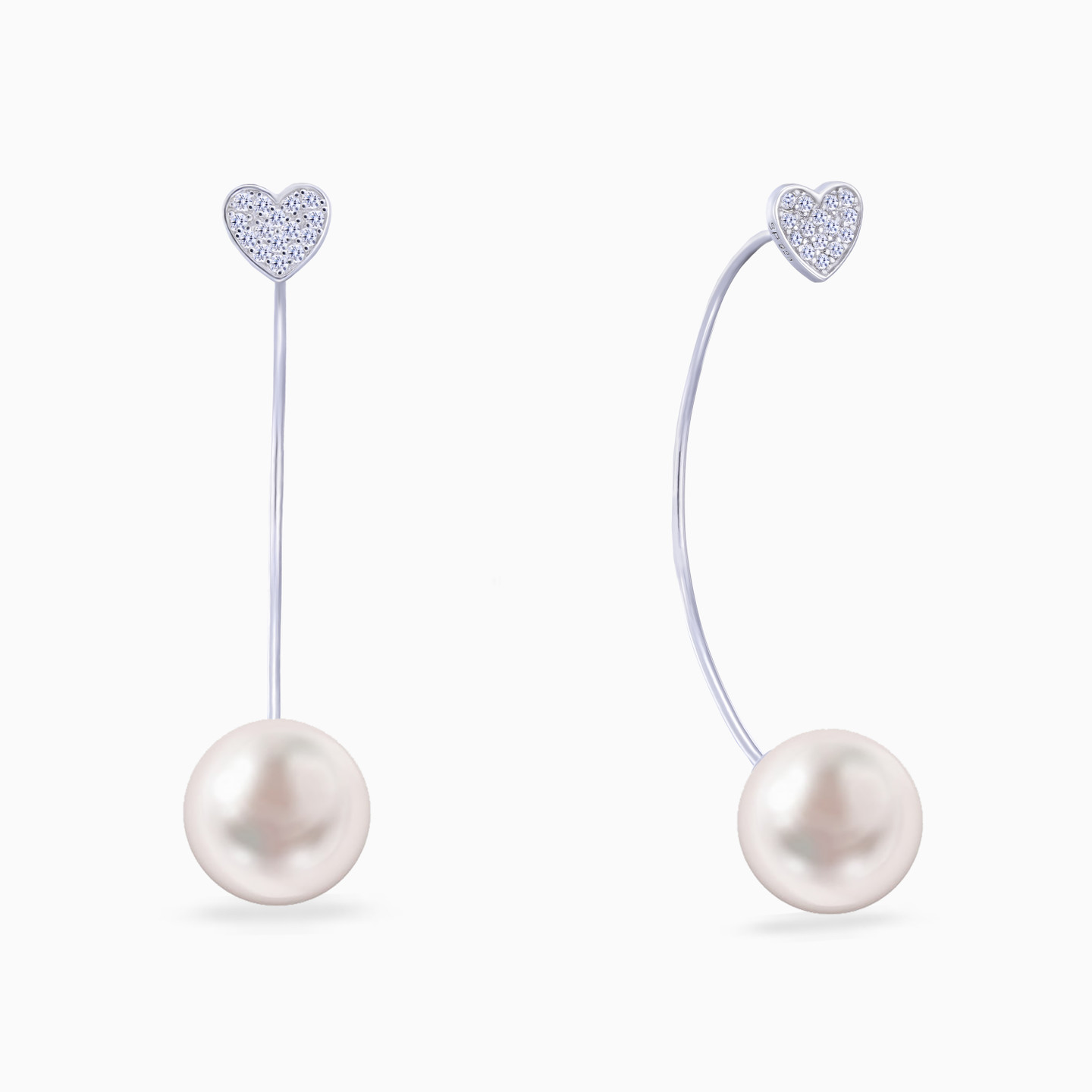 Heart Cubic Zirconia & Pearl Drop Earrings in Sterling Silver Heart Cubic Zirconia & Pearl Drop Earrings in Sterling Silver