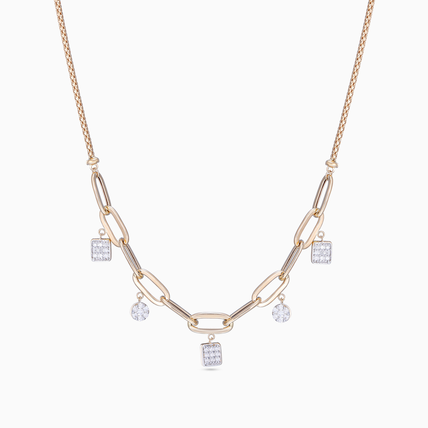 Elongated Links & Charms Diamond Popcorn Necklace in 18K Gold - 3 Elongated Links & Charms Diamond Popcorn Necklace in 18K Gold - 3