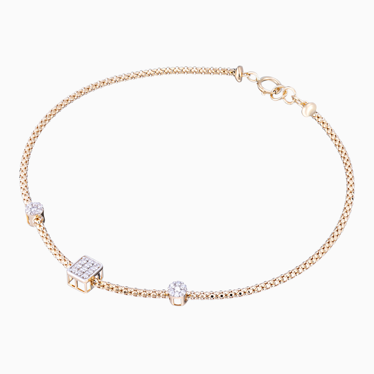 Rectangular & Oval Units Diamond Popcorn Bracelet in 18K Gold - 2 Rectangular & Oval Units Diamond Popcorn Bracelet in 18K Gold - 2