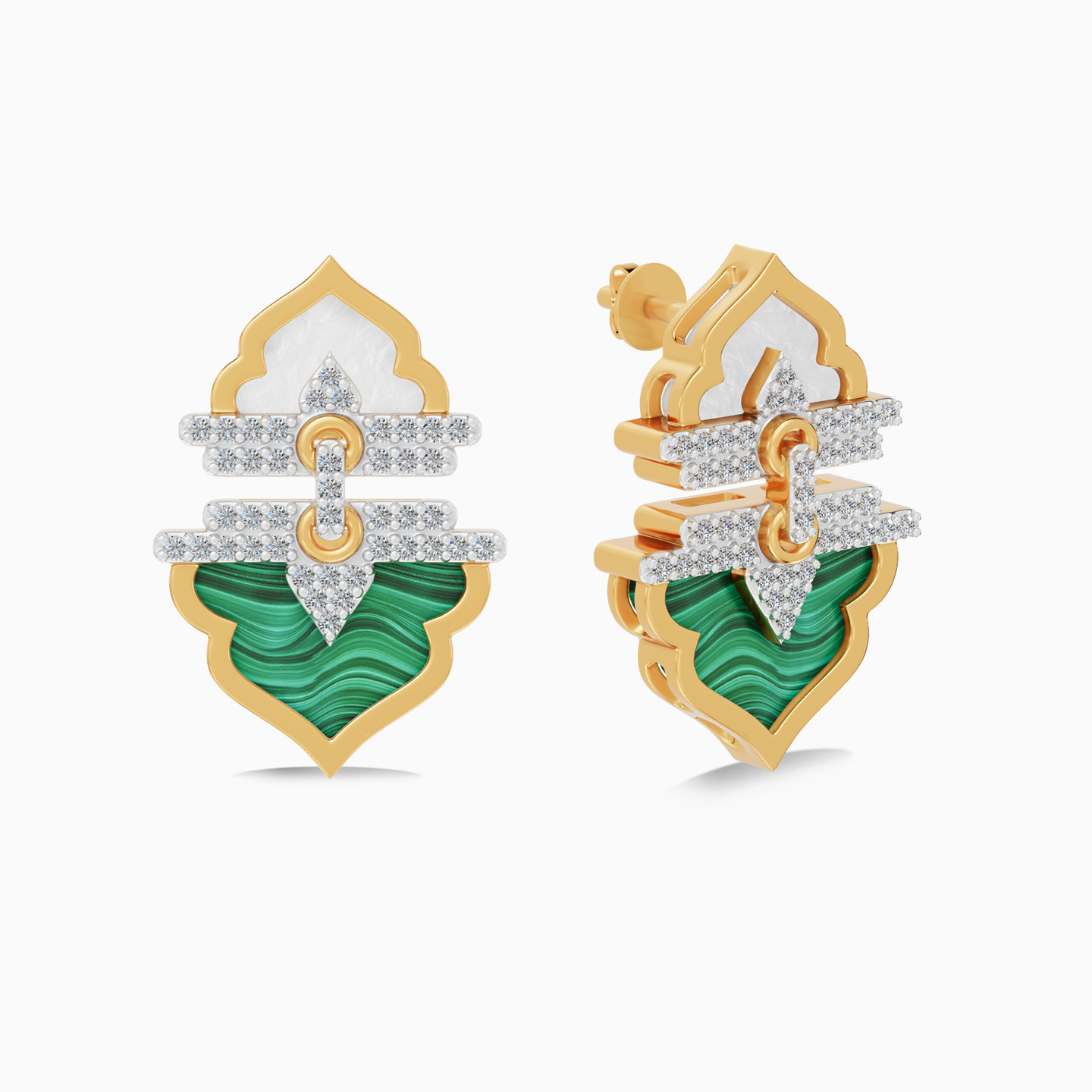 Ramadan Oriental Arch Malachite & Pearl Diamond Drop Earrings 18K Gold Ramadan Oriental Arch Malachite & Pearl Diamond Drop Earrings 18K Gold