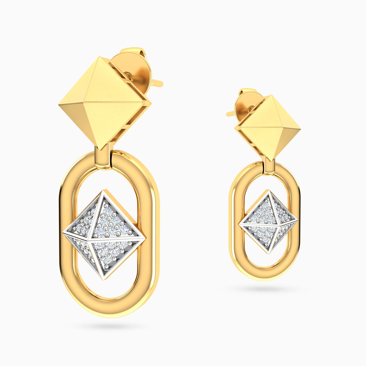 Pyramid & Oval Link Diamond Drop Earrings 18K Gold - 4 Pyramid & Oval Link Diamond Drop Earrings 18K Gold - 4