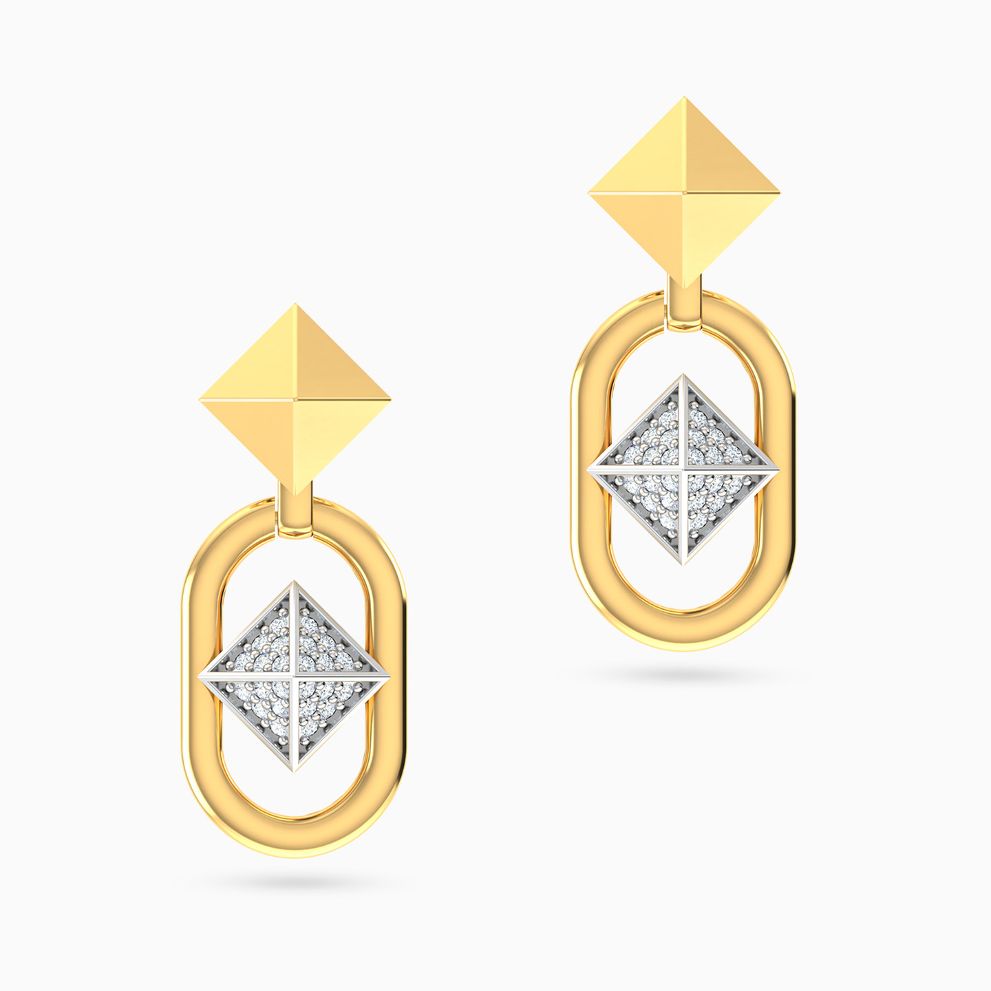 Pyramid & Oval Link Diamond Drop Earrings 18K Gold - 3 Pyramid & Oval Link Diamond Drop Earrings 18K Gold - 3