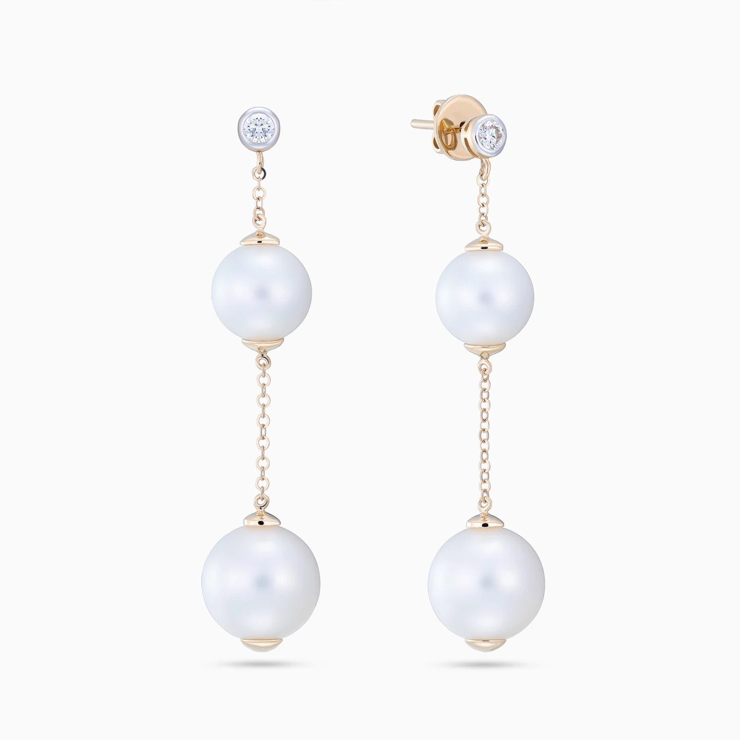 Two White Pearls Diamond Drop Earrings 18K Gold Two White Pearls Diamond Drop Earrings 18K Gold