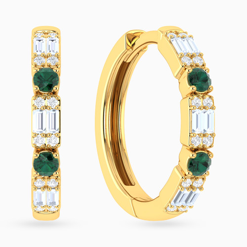 LDE1002 - Baguette & Round Green Stones Diamond Hoop Earrings in 18K Gold - HP403320Y18HEM1-1.jpg
