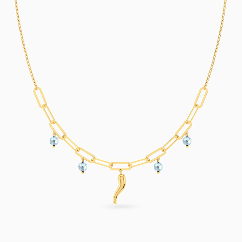 MLN2092 - Elongated Links & Chili Blue Stones Necklace in 18K Gold - 21046111307-1.webp