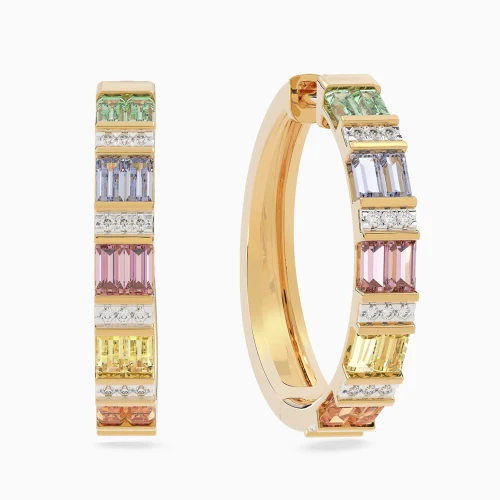 LDE1029 - Baguette Sequence Colored Stones Diamond Hoop Earrings in 18K Gold - SAE05389-1.webp