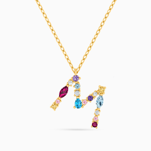 LIN110 - Letter M Colored Stones Necklace in 18K Gold - 111404180138-1.jpg