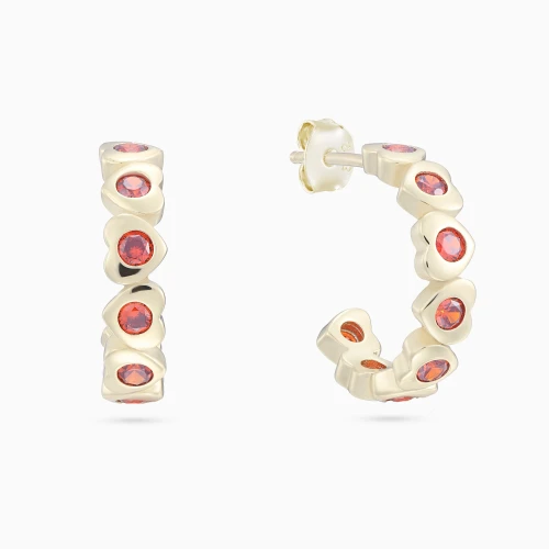 WE414 - Heart Settings Red Stones Hoop Earrings in Yellow Gold Plating - GE14986A-1.webp