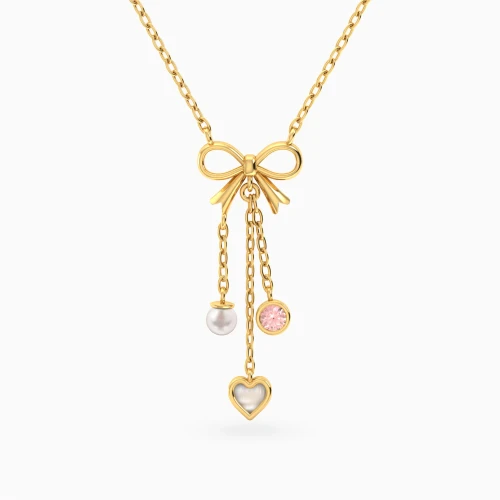 MLN2188 - Kids Bow & Heart Pearl & Rose Stone Necklace in 18K Gold - 20046110236-1.webp