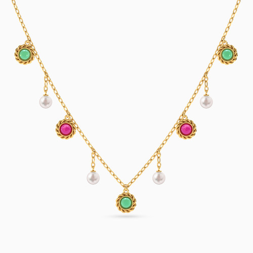 LIN966 - Circle Pearl & Colored Stones Charms Necklace in 18K Gold - 111404180391-1.jpg