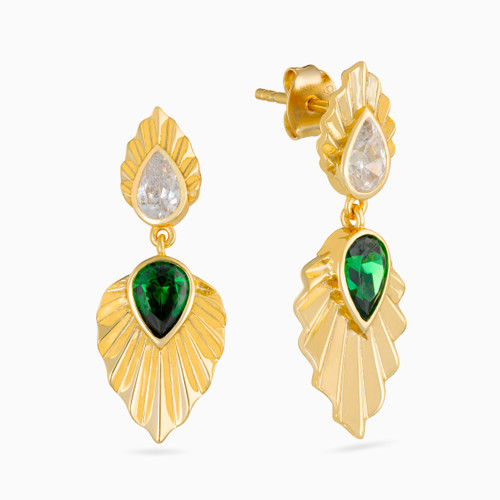WE174 - Leaf Green Stones Gold Plated Drop Earrings - GE02721A-1.jpg