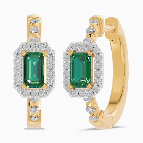 LDE871 - Rectangle Green Stones & Diamond Hoop Earrings In 18K Gold - SAE06087-YG-1.jpg