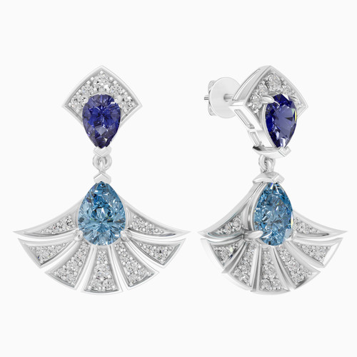 LDE872 - Fan Shaped Blue Stones & Diamond Drop Earrings In 18K Gold - SAE06095-1.jpg