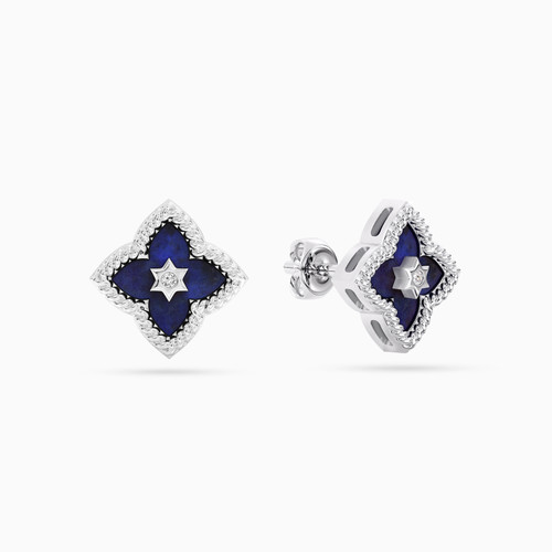WE329 - Quatrefoil Flower Blue Stone & Lab Grown Diamonds Sterling Silver Stud Earrings - MSE01189-1.jpg
