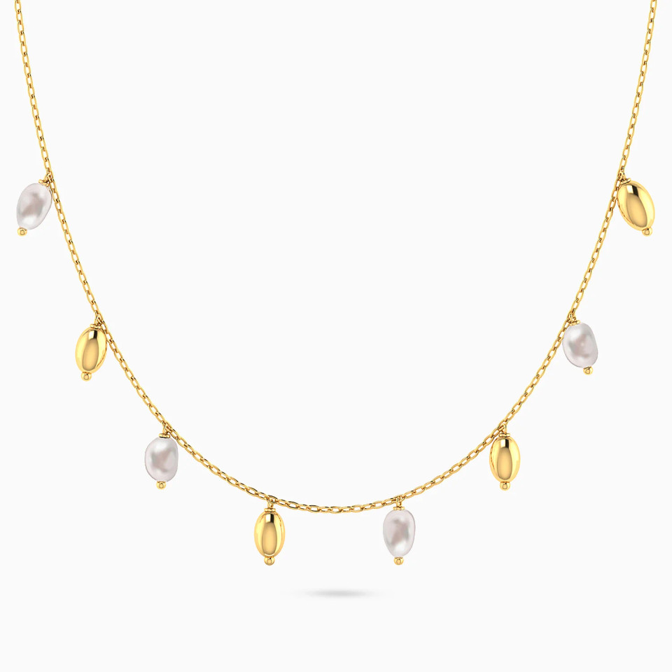 Alternating Oval Beads & Pearls Charm Necklace in 18K Gold Alternating Oval Beads & Pearls Charm Necklace in 18K Gold