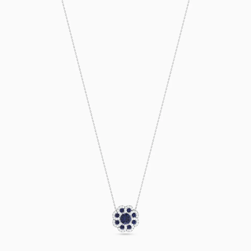 Round Flower Blue Stones Diamond Necklace in 18K Gold Round Flower Blue Stones Diamond Necklace in 18K Gold