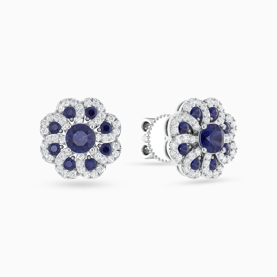 Round Flower Blue Stones Diamond Stud Earrings in 18K Gold Round Flower Blue Stones Diamond Stud Earrings in 18K Gold