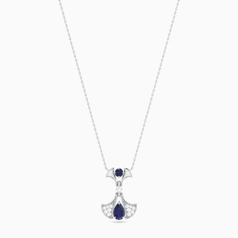 Winged Forms & Pear Blue Stones Diamond Necklace in 18K Gold Winged Forms & Pear Blue Stones Diamond Necklace in 18K Gold