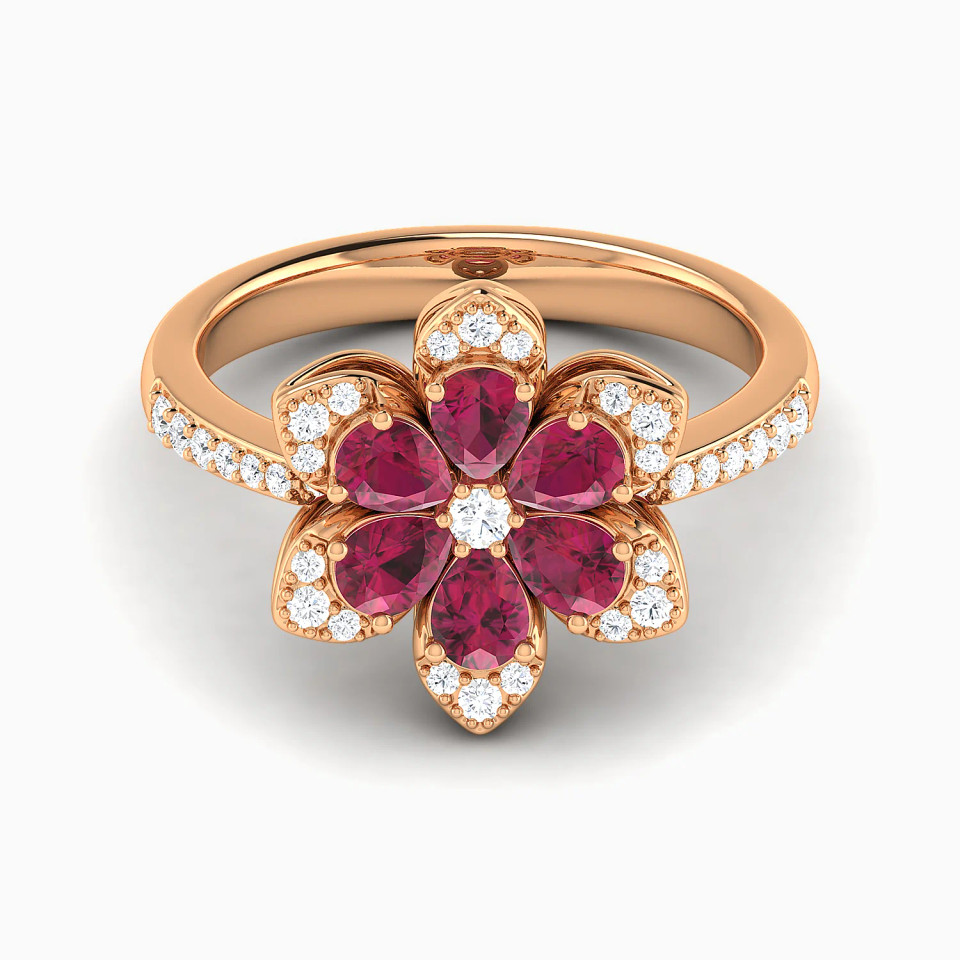Flower Red Stones Diamond Ring in 18K Gold Flower Red Stones Diamond Ring in 18K Gold