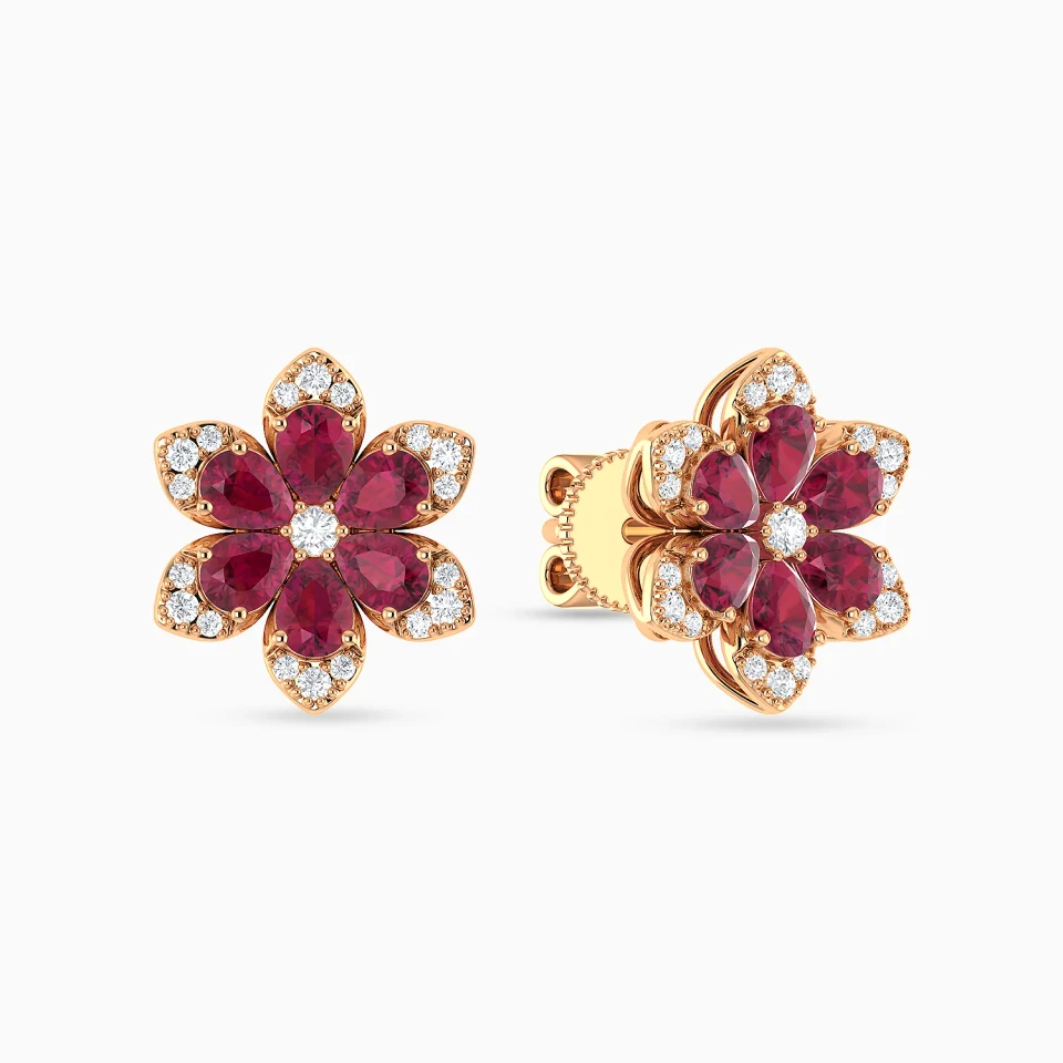 Flower Red Stones Diamond Stud Earrings in 18K Gold Flower Red Stones Diamond Stud Earrings in 18K Gold